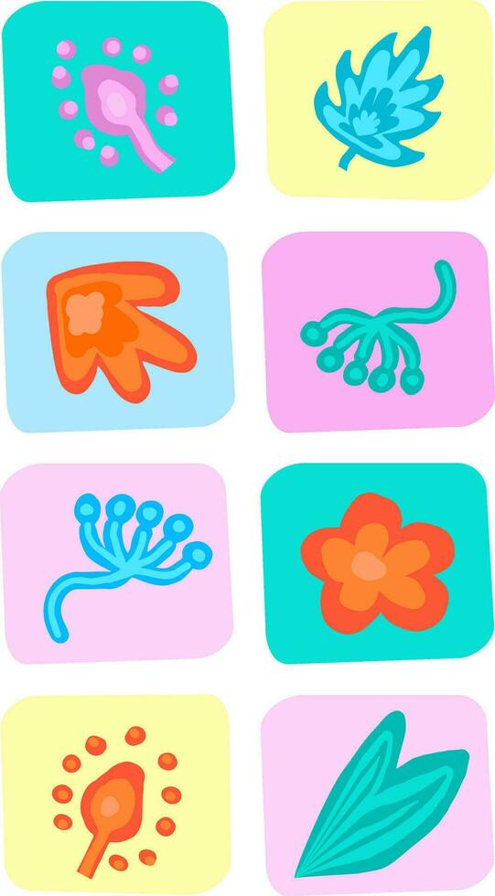 floral botánico resumen colocar. pegatinas de colores flores, hojas, brotes en cuadrícula. memphis estilo, dibujos animados. vector aislado. vertical. social redes, imprimir, marcador, cubrir, bandera, tarjeta postal, diseño