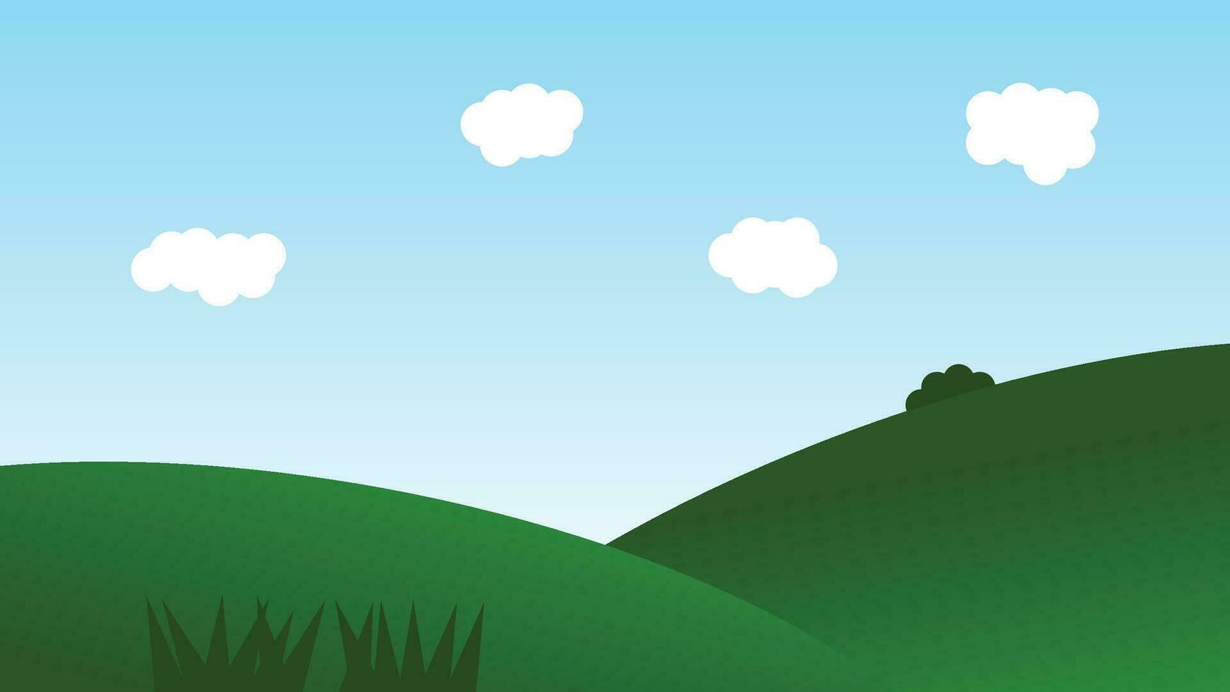 landscape cartoon scene with green hills and white cloud in summer blue sky background vector