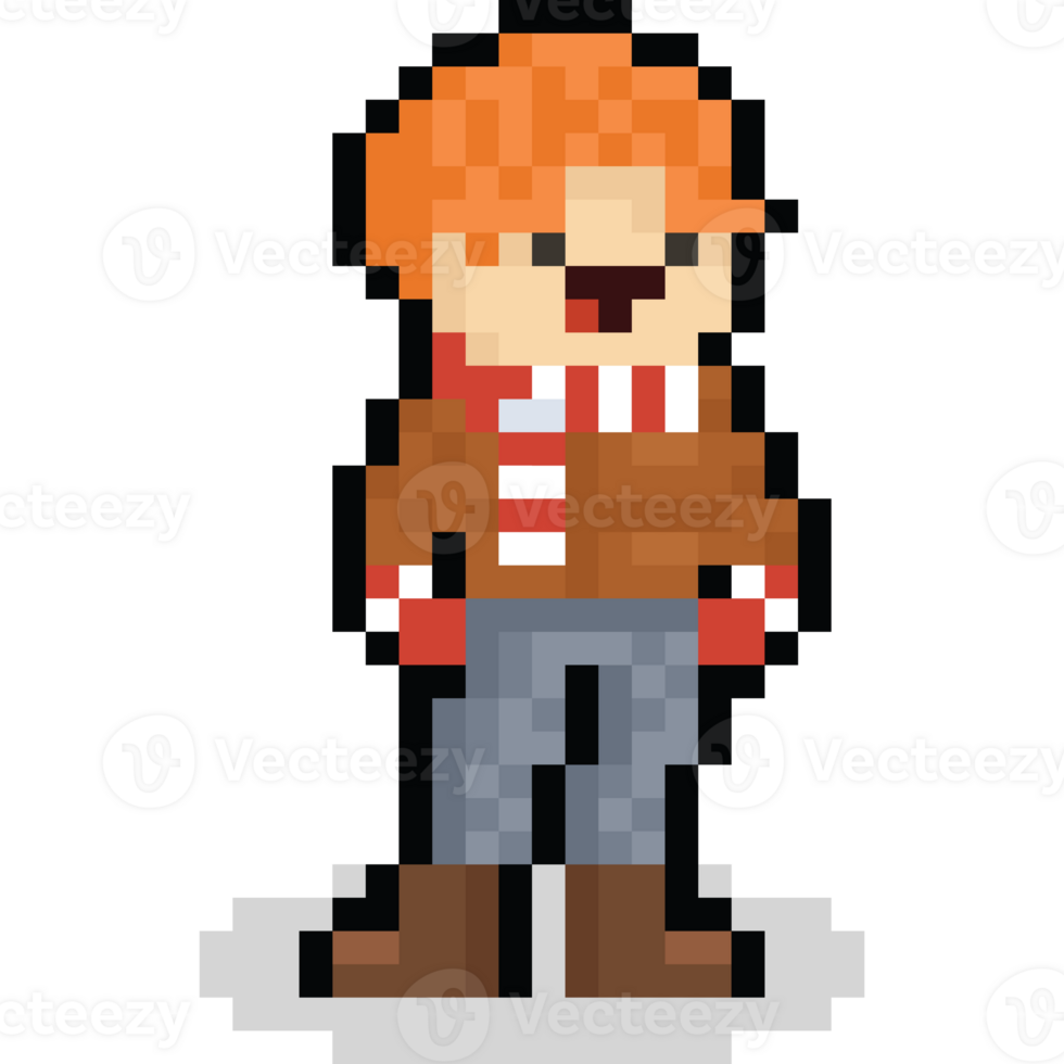 Pixel art red head man character with winter cloth png