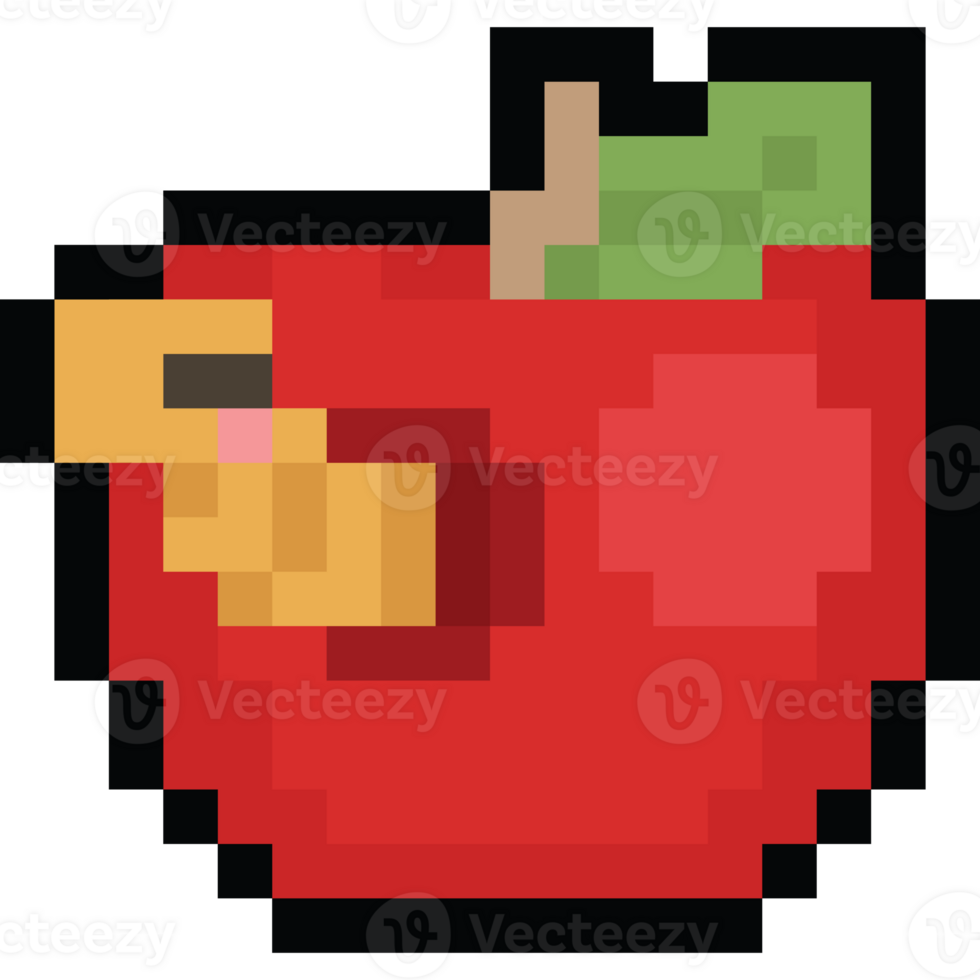 Pixel art red apple with worm png