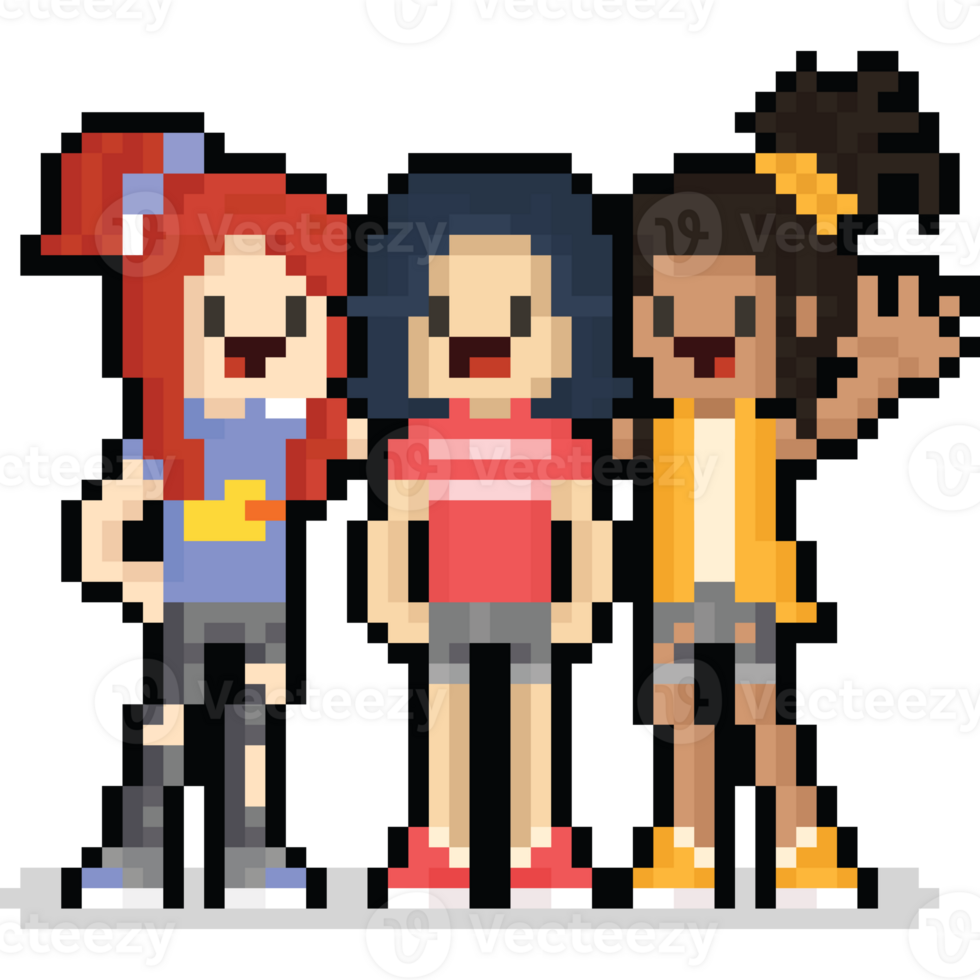 Pixel art happy girl group character png