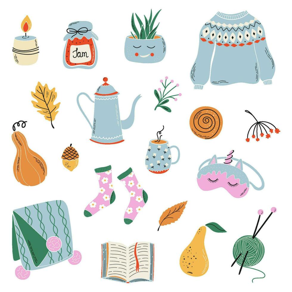 Hygge Autumn collection. Fall set for stickers, patterns and other design purposes. Hand drawn vector illustration.