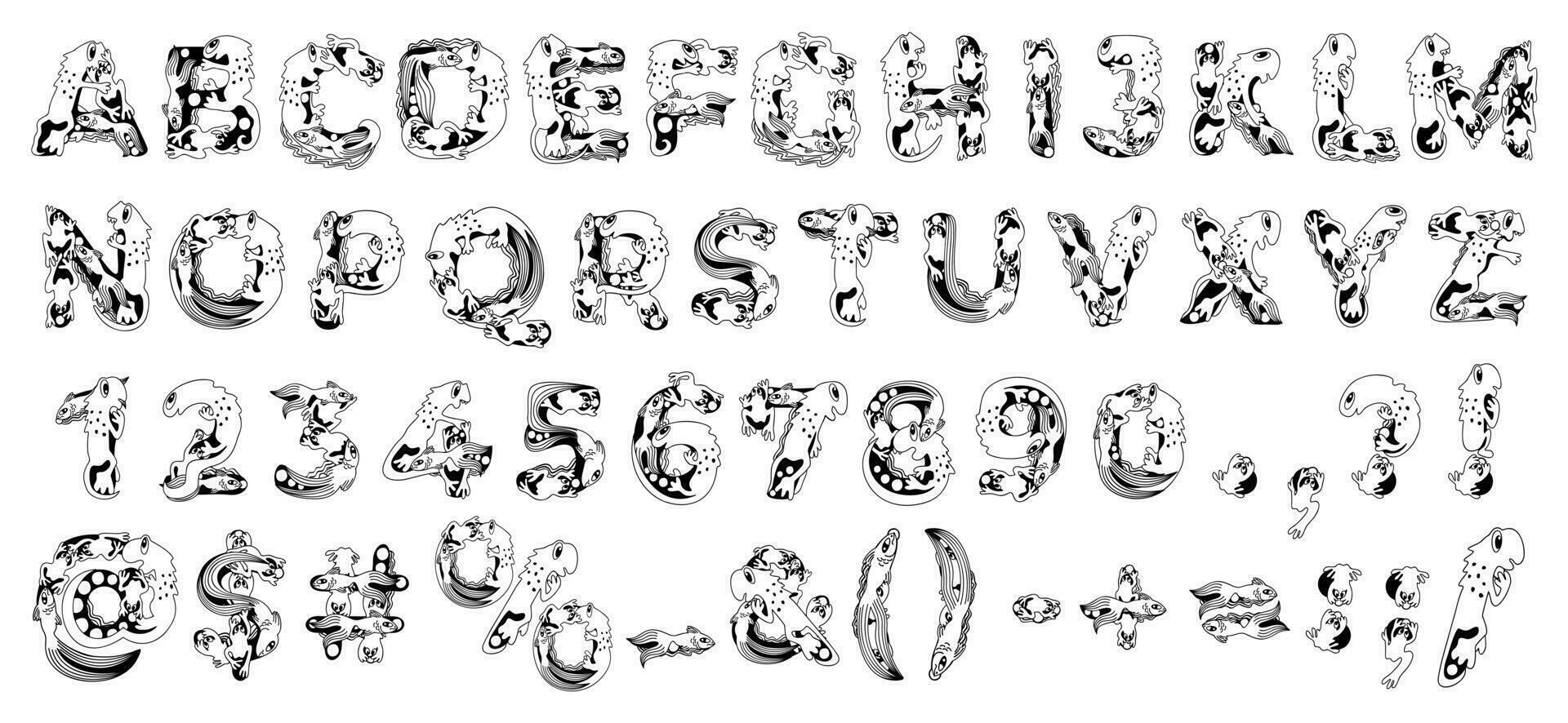 linda infantil conjunto de latín letras, números y glyths con animales alfabeto para niños. pequeño continuar, pescado y rana inscrito a letras. colorante para niños vector