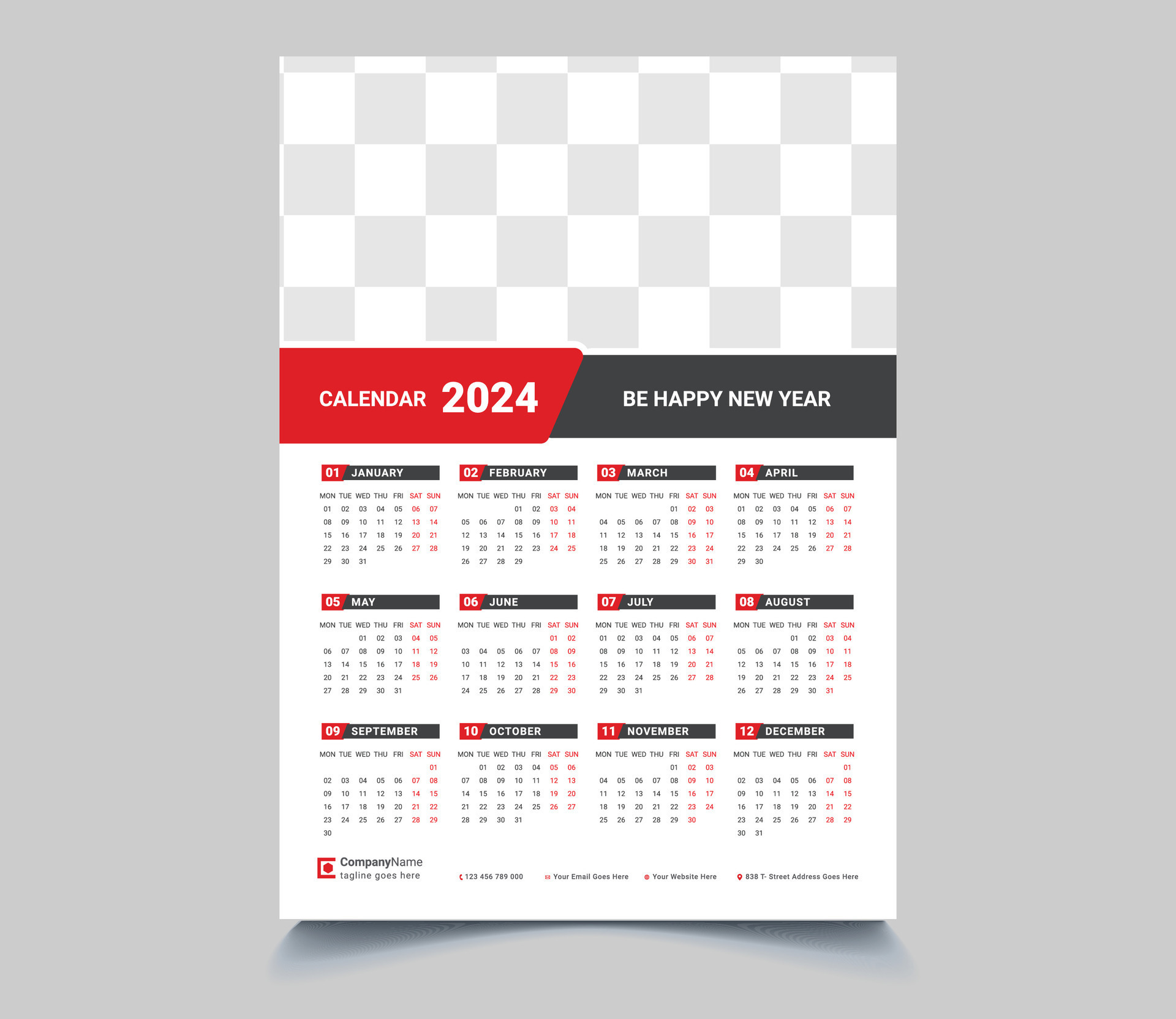 Print Ready One Page wall calendar template design for 2024. Wall