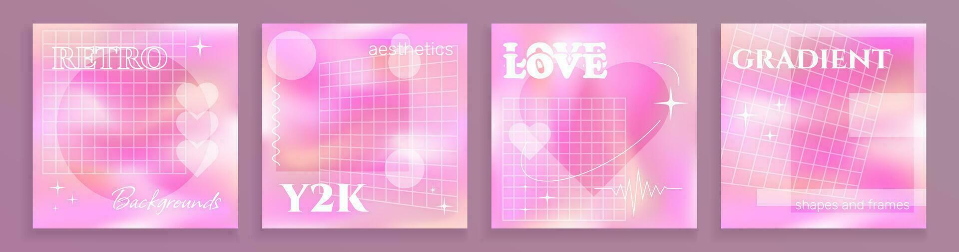 Four liquid holographic backdrops, cards in Y2K aesthetic, square postcards vector