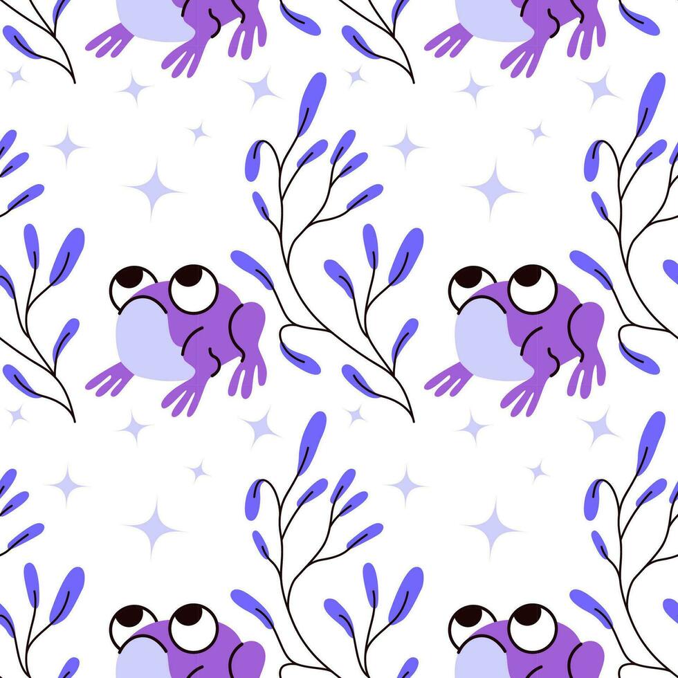 Seamless adorable frog on a background of stars forest theme forest animals illustration background image in vector