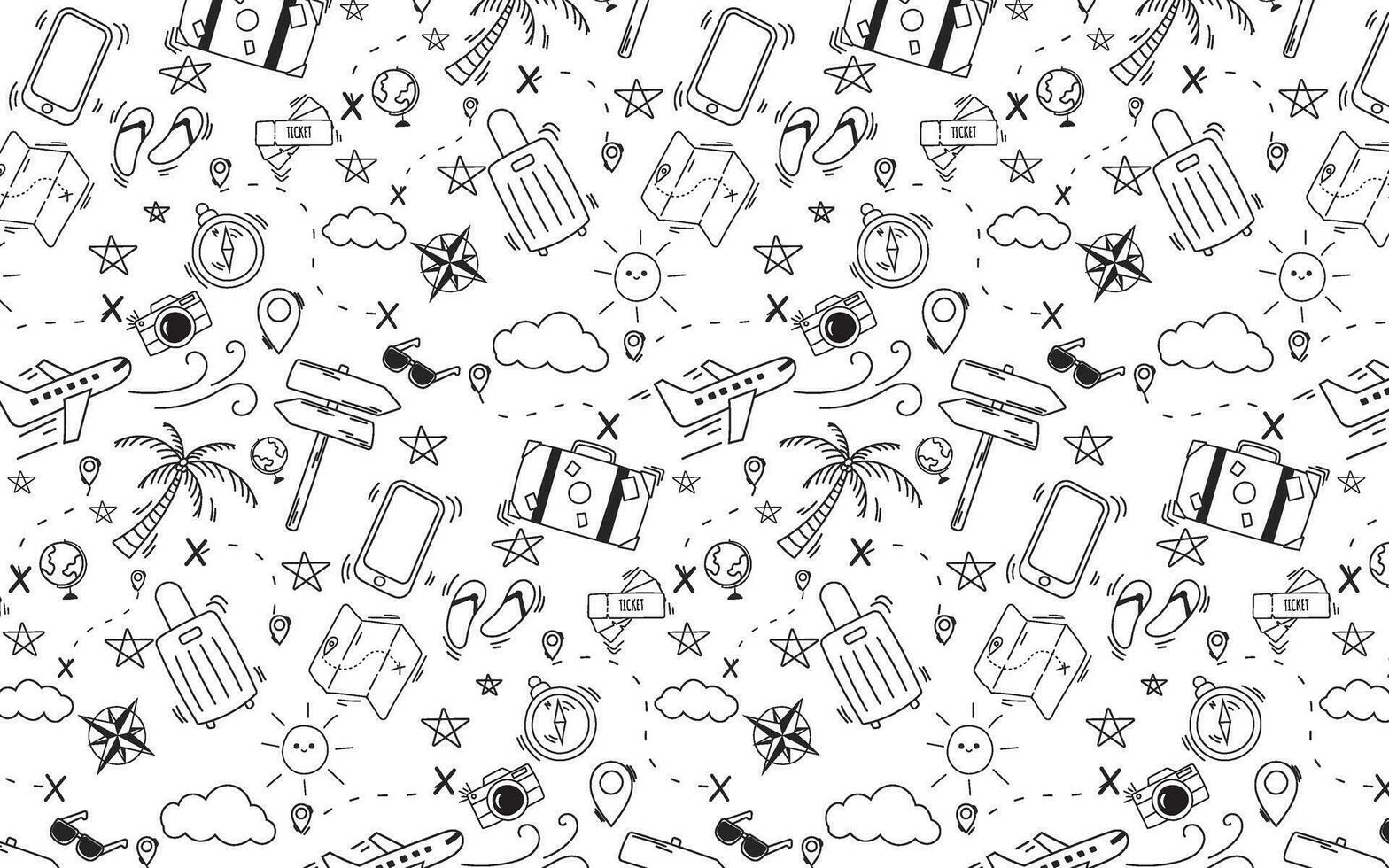 vacation doodle seamless pattern hand drawing travelling vector