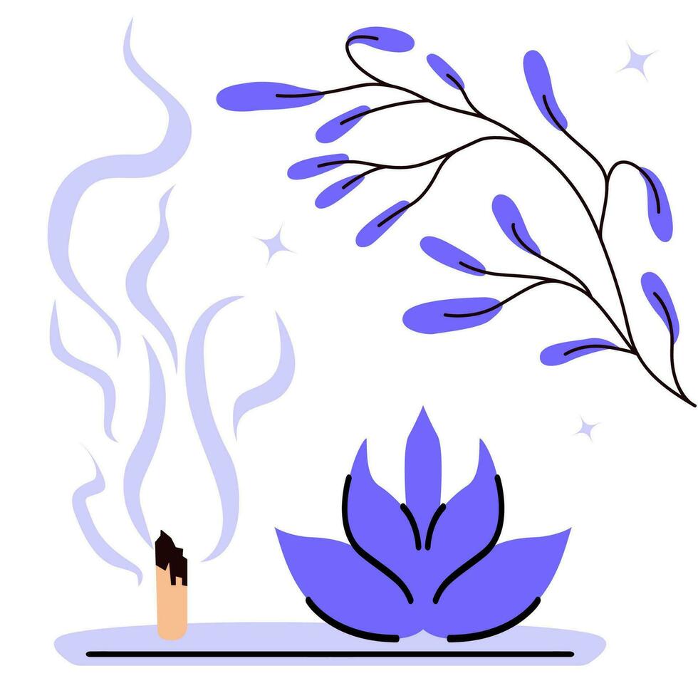 conjunto para relajación y meditación, relajación y yoga. palo santo palos, áloe, aromaterapia, rama, lavanda, estrellas. vector