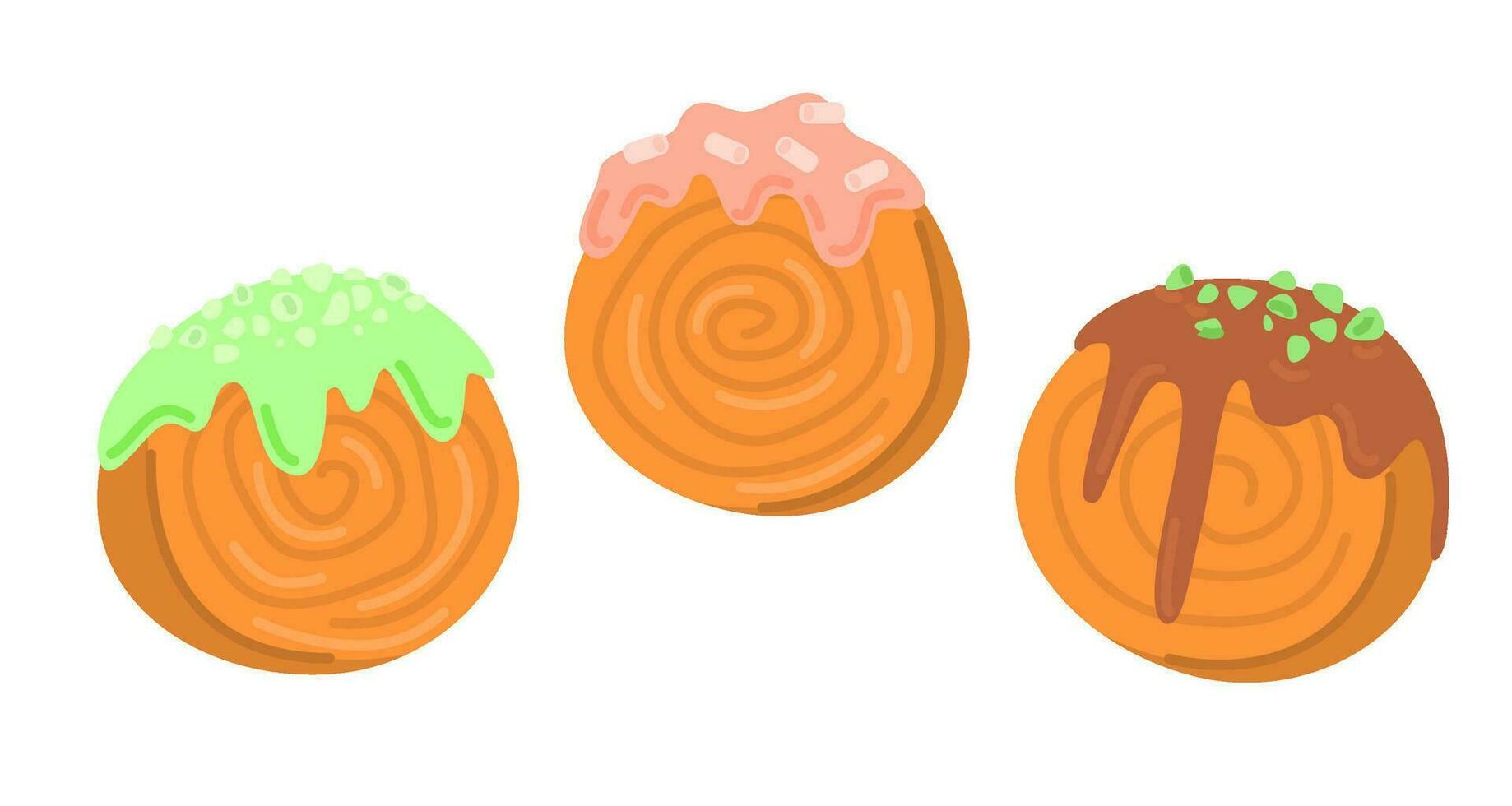 Set of round croissant filled and covered with chocolate. vector