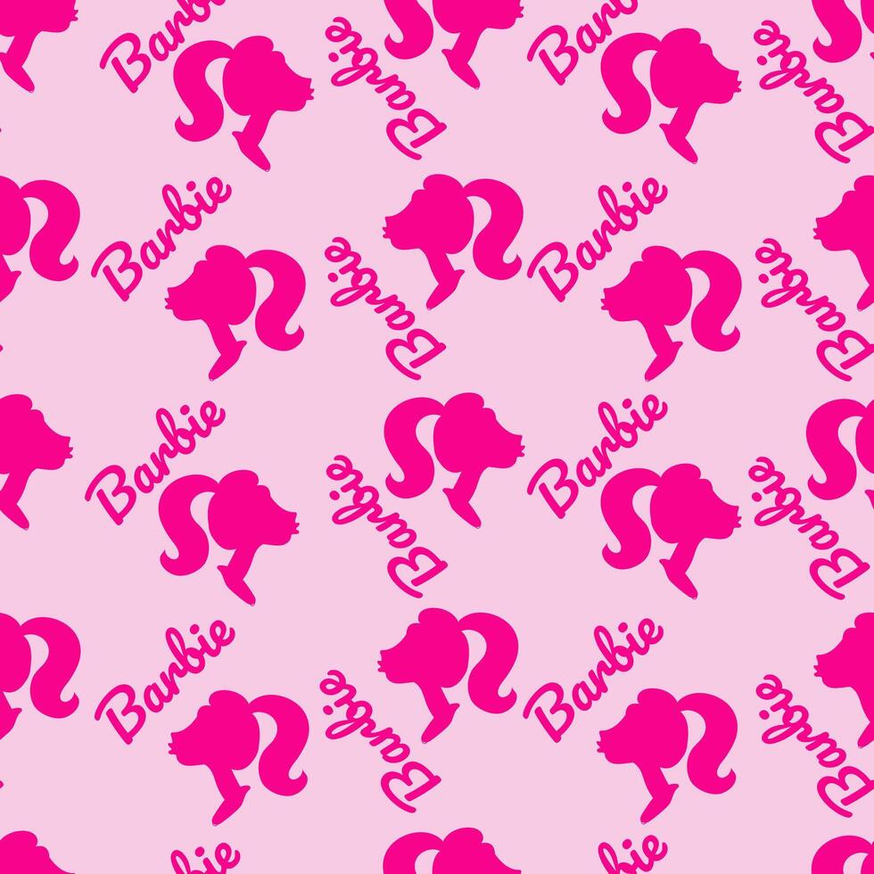 Seamless pattern with Barbie hand drawn calligraphy text, barbie profile. Pink Barbie text in trendy style. Vector illustration.