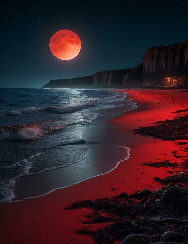 A mysterious beach at night, illuminated by a red moon, with the dark sea stretching out into the horizon. Ultra realistic. Generative AI photo