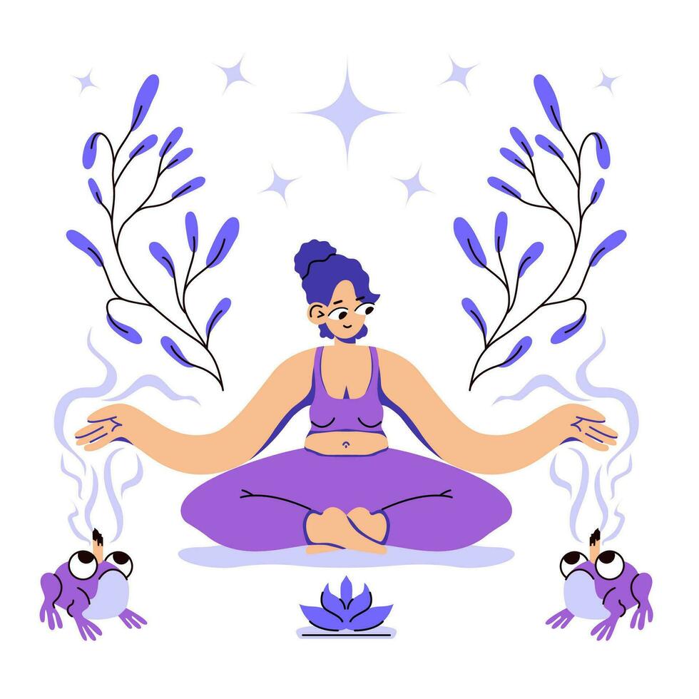 un joven mujer sentado en loto postura practicando meditación. concepto de aromaterapia, meditación y armonía. mano dibujado vector ilustración, dibujos animados personaje en plano estilo. vector ilustración.