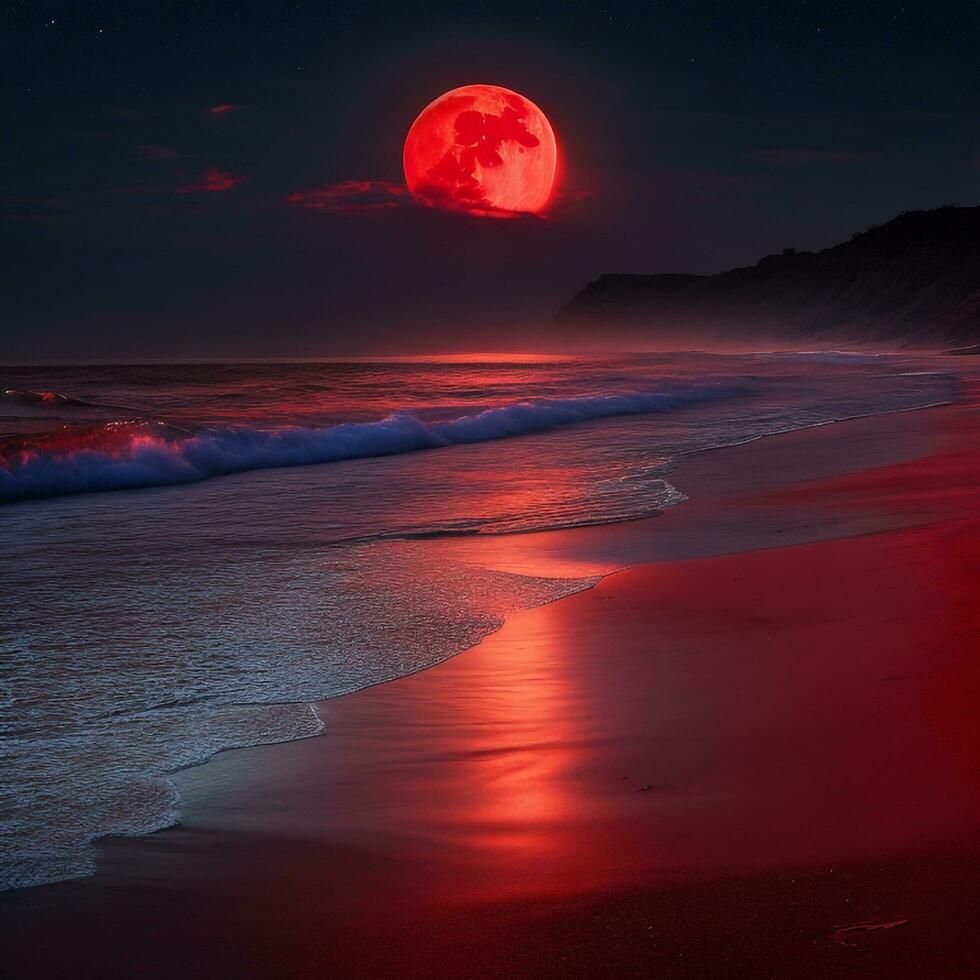 A mysterious beach at night, illuminated by a red moon, with the dark sea stretching out into the horizon. Ultra realistic. Generative AI photo