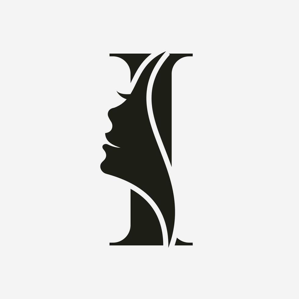 Woman Face Logo On Letter I. Beauty Spa Symbol With Woman Face Icon vector