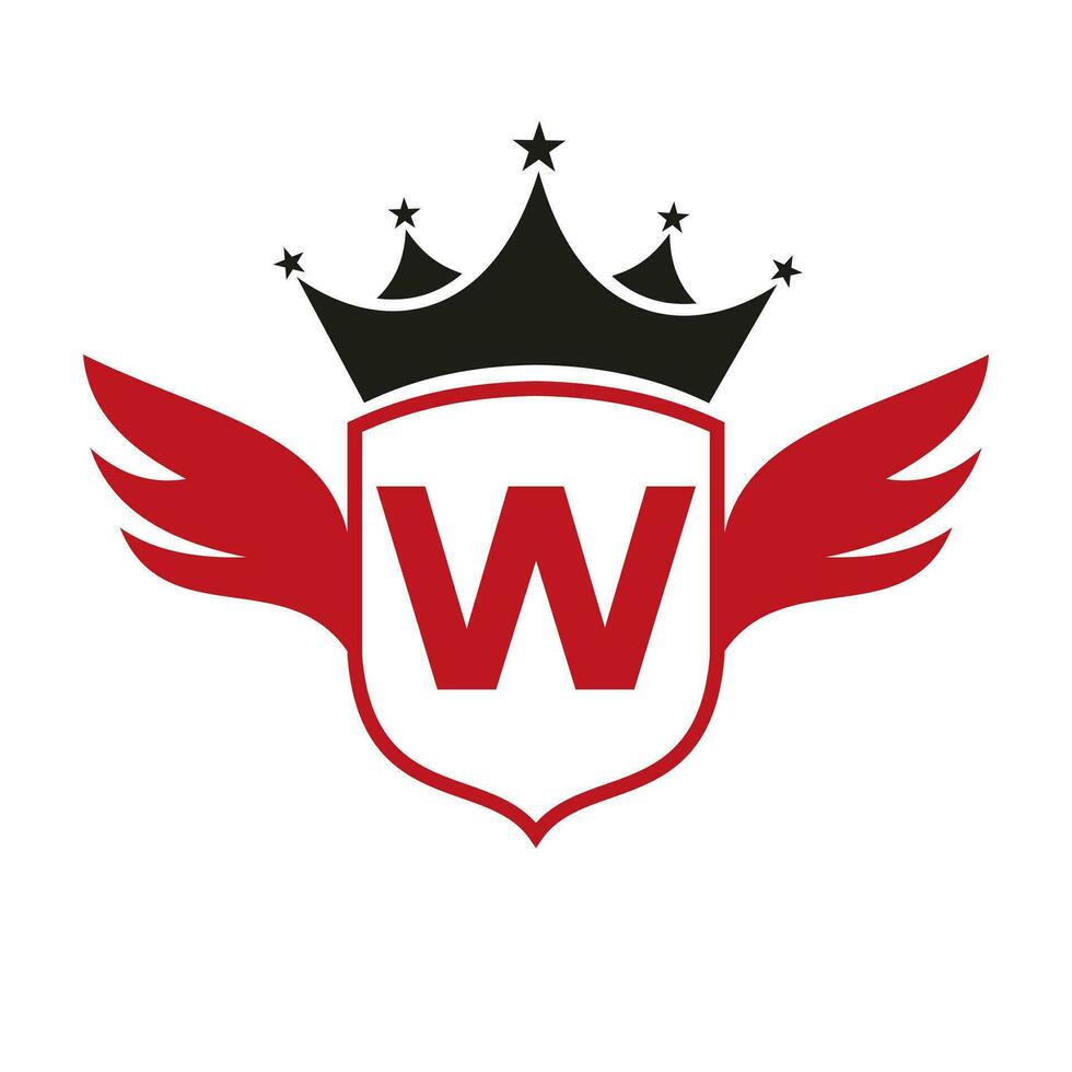 letra w transporte logo con ala, proteger y corona icono. ala logo en proteger símbolo vector