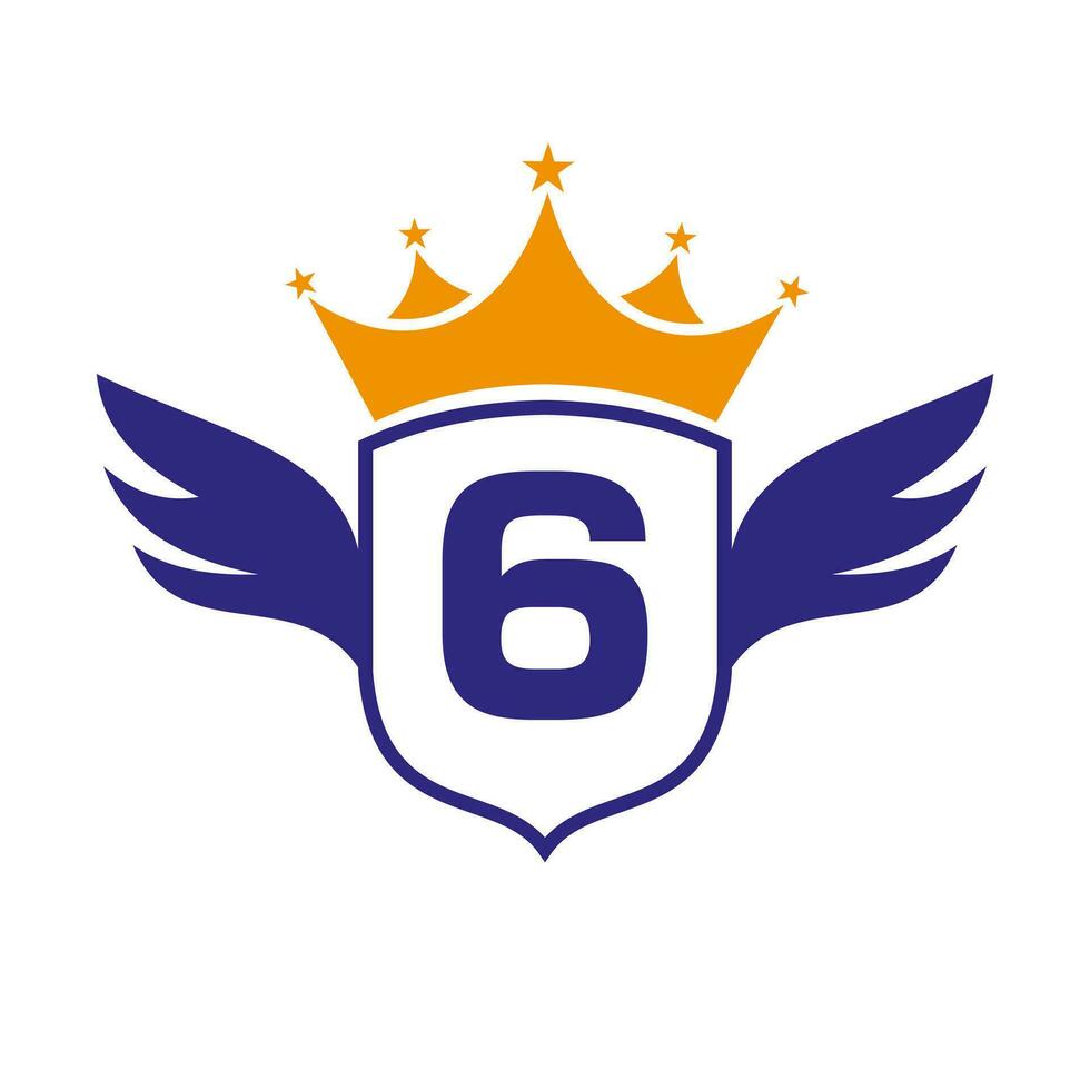 Letter 6 Transportation Logo With Wing, Shield And Crown Icon. Wing Logo On Shield Symbol vector