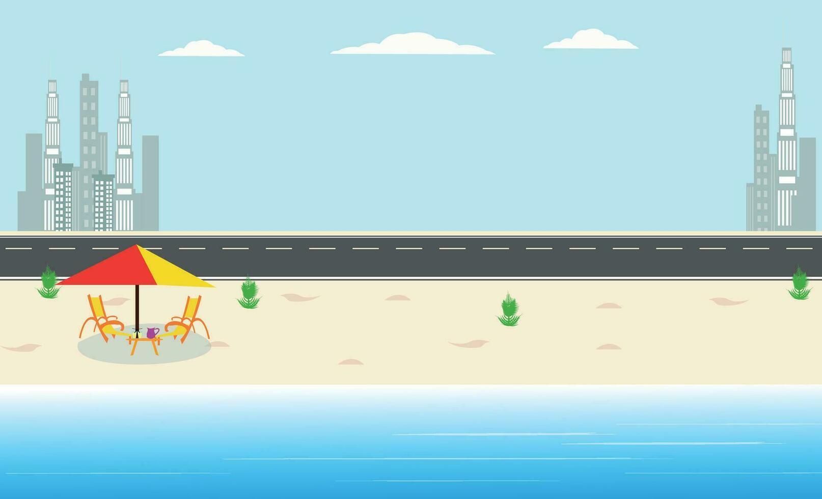 Set of summer vacation vector illustration Paradise Beach tropical beach, umbrella road and cars, resort mountain and coconut trees.