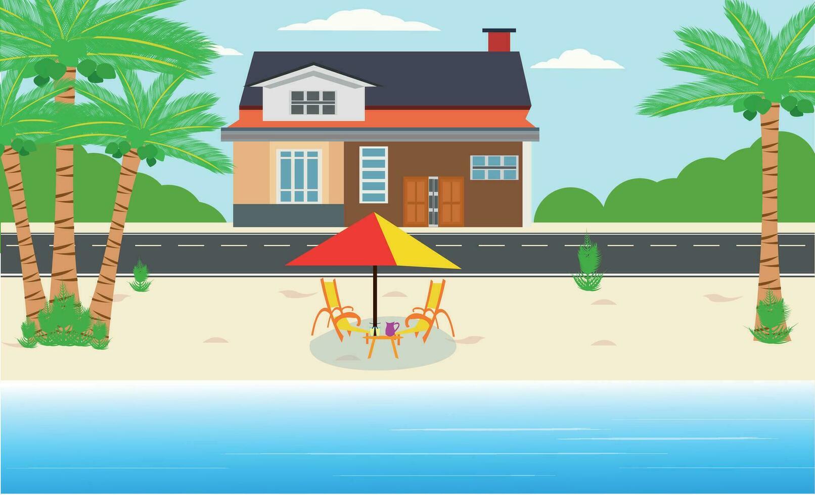 Set of summer vacation vector illustration Paradise Beach tropical beach, umbrella road and cars, resort mountain and coconut trees.