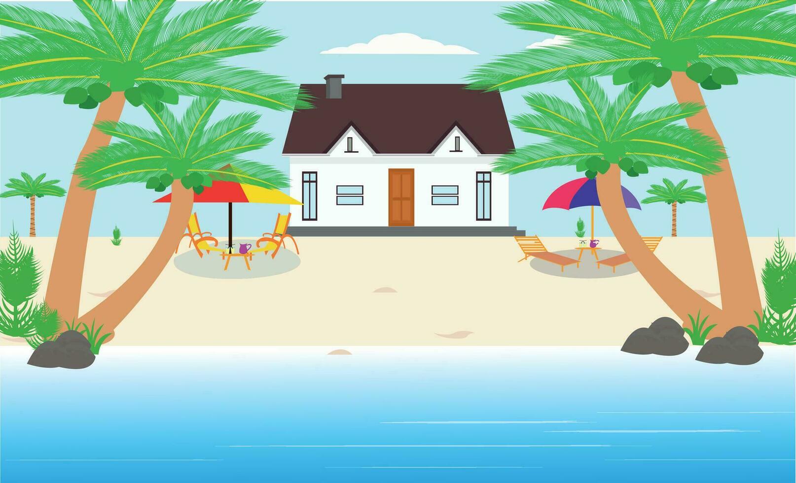 Set of summer vacation vector illustration Paradise Beach tropical beach, umbrella road and cars, resort mountain and coconut trees.