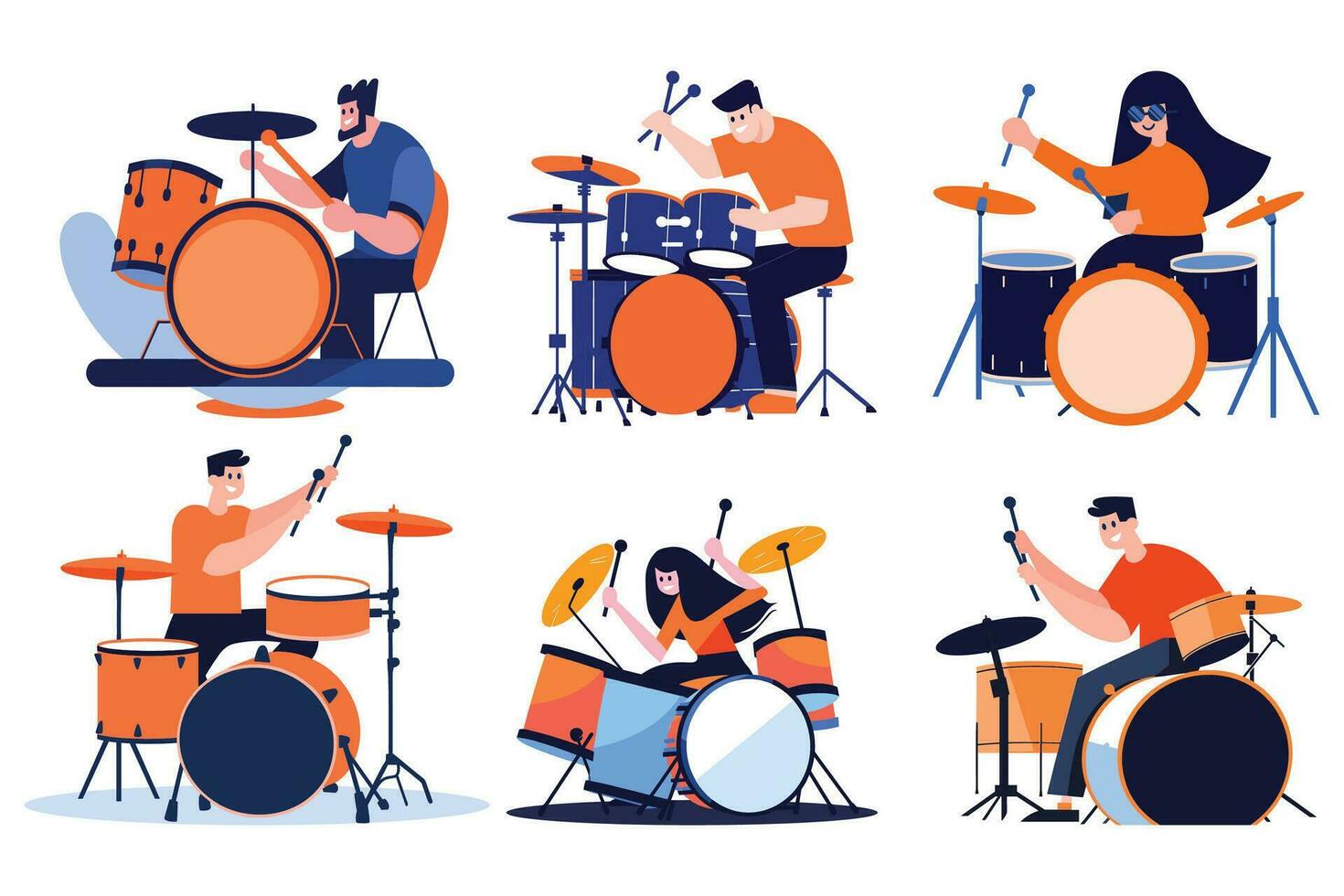 Hand Drawn musicians playing drums in flat style vector