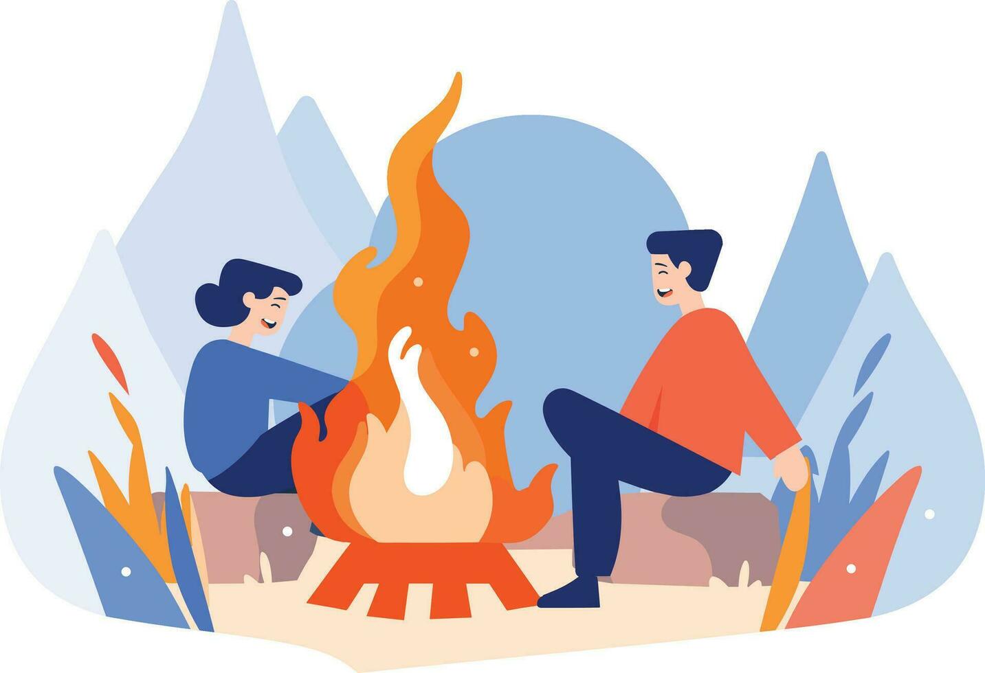 Hand Drawn Tourists with campfire in flat style vector