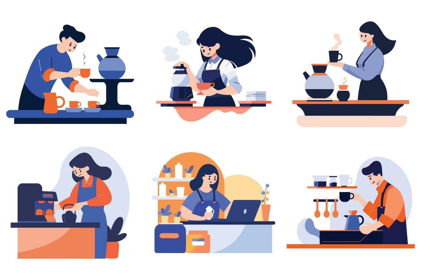 Hand Drawn Barista making coffee happily in flat style vector