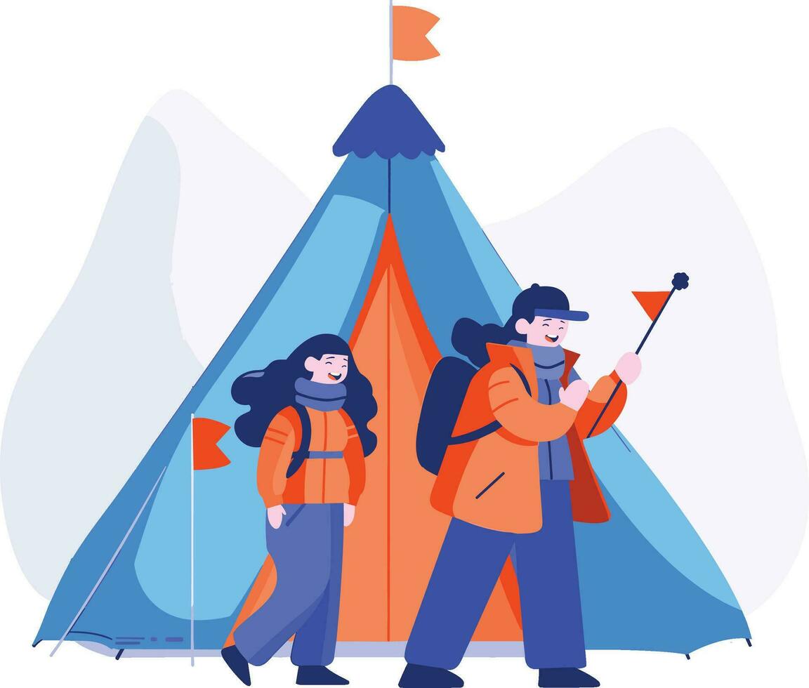 Hand Drawn Tourists with campfire in flat style vector