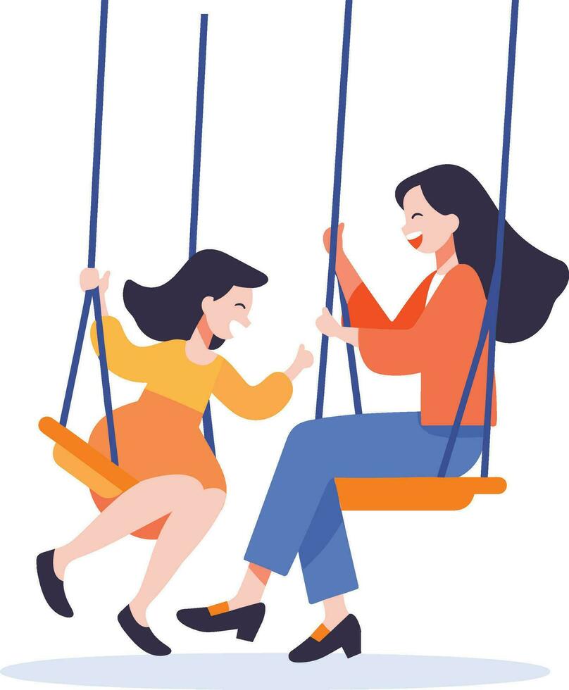 Hand Drawn mother playing on swings with child in flat style vector