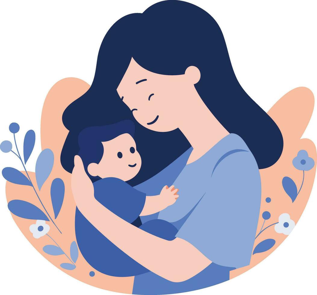 mano dibujado madre abrazando su niño felizmente en plano estilo vector