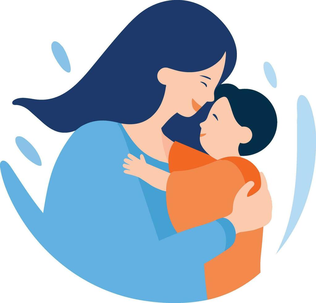 Hand Drawn Mother hugging her child happily in flat style vector