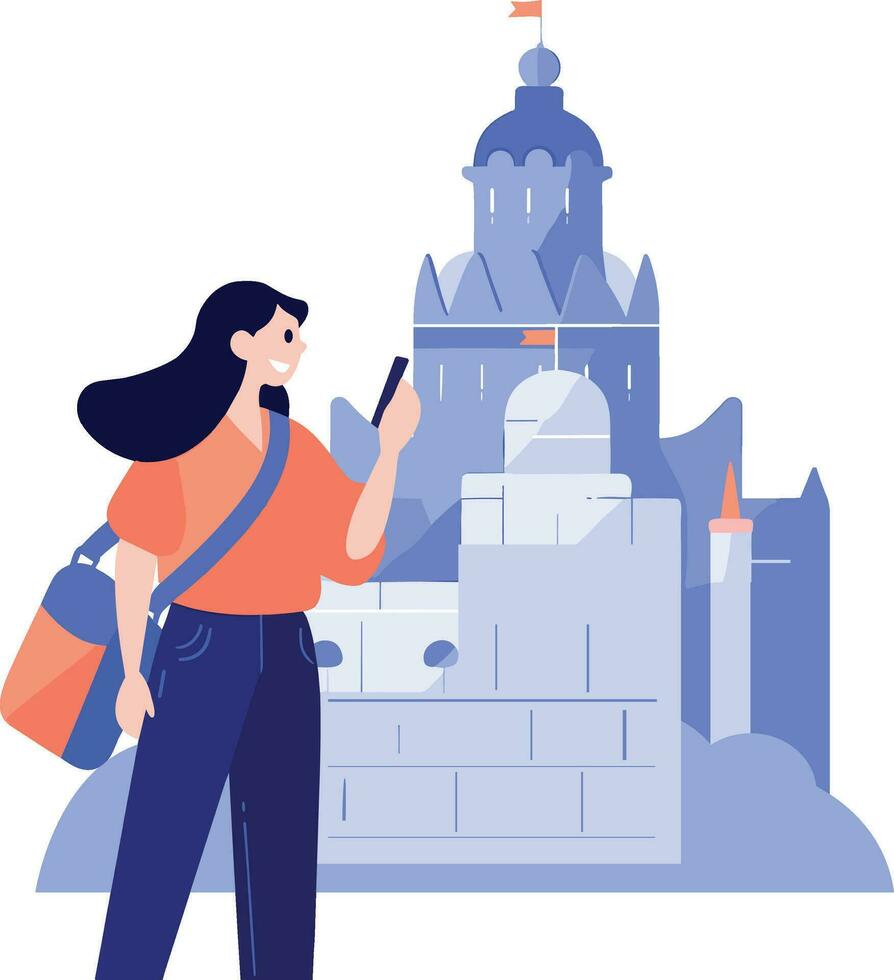Hand Drawn tourists with attractions in flat style vector