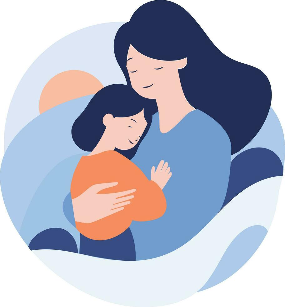 Hand Drawn Mother hugging her child happily in flat style vector