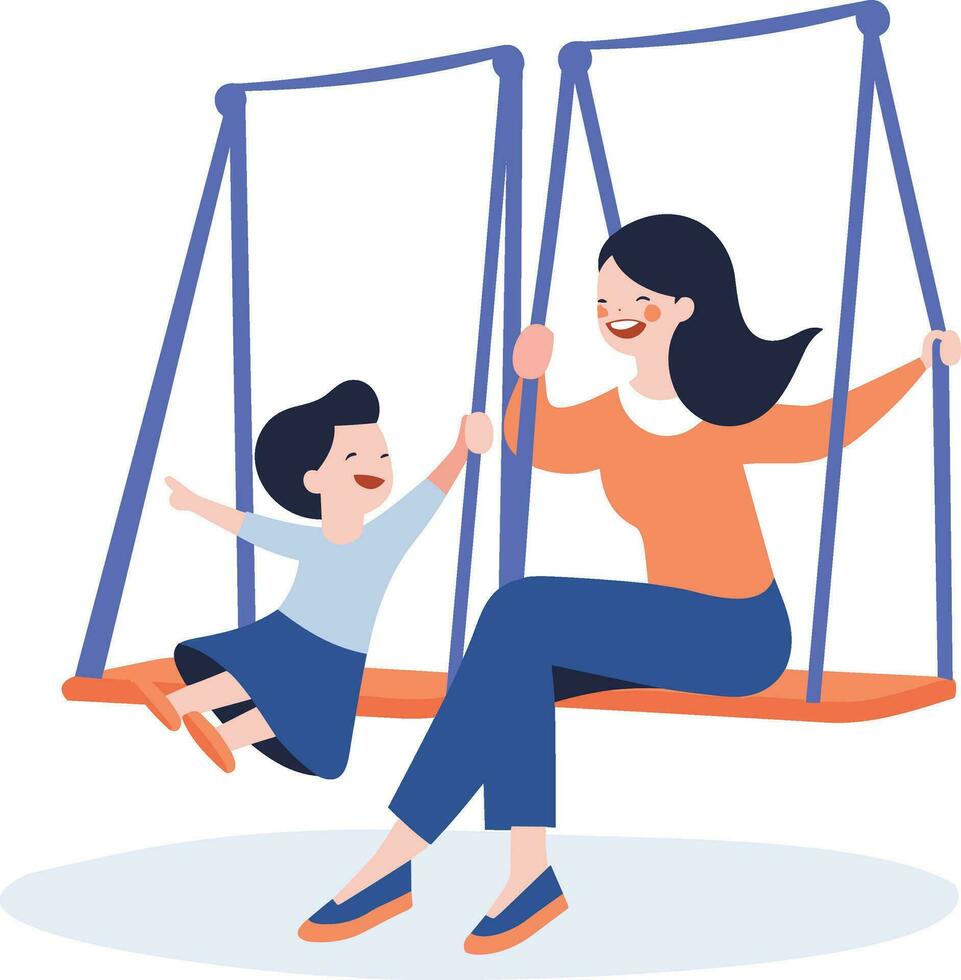 Hand Drawn mother playing on swings with child in flat style vector