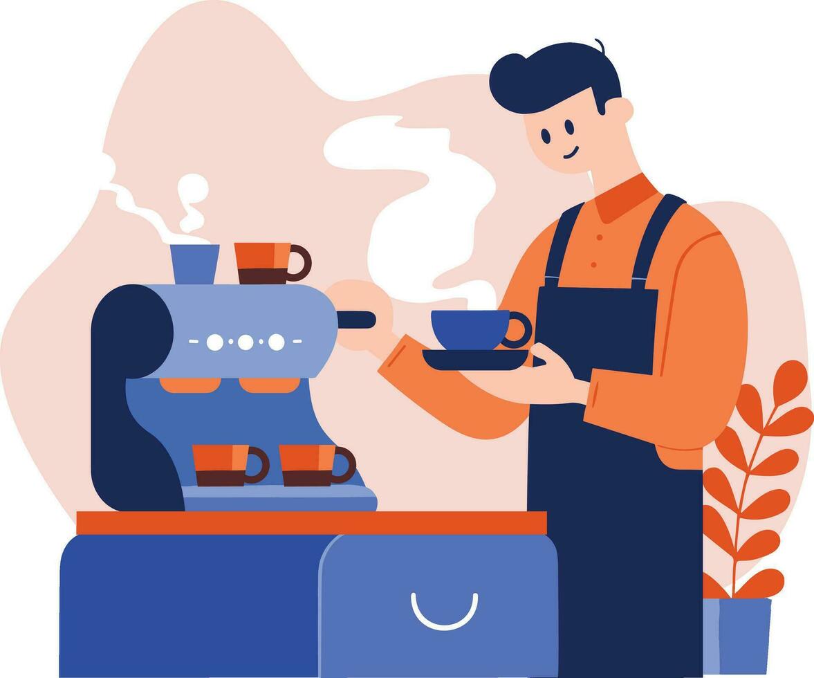Hand Drawn Barista making coffee happily in flat style vector