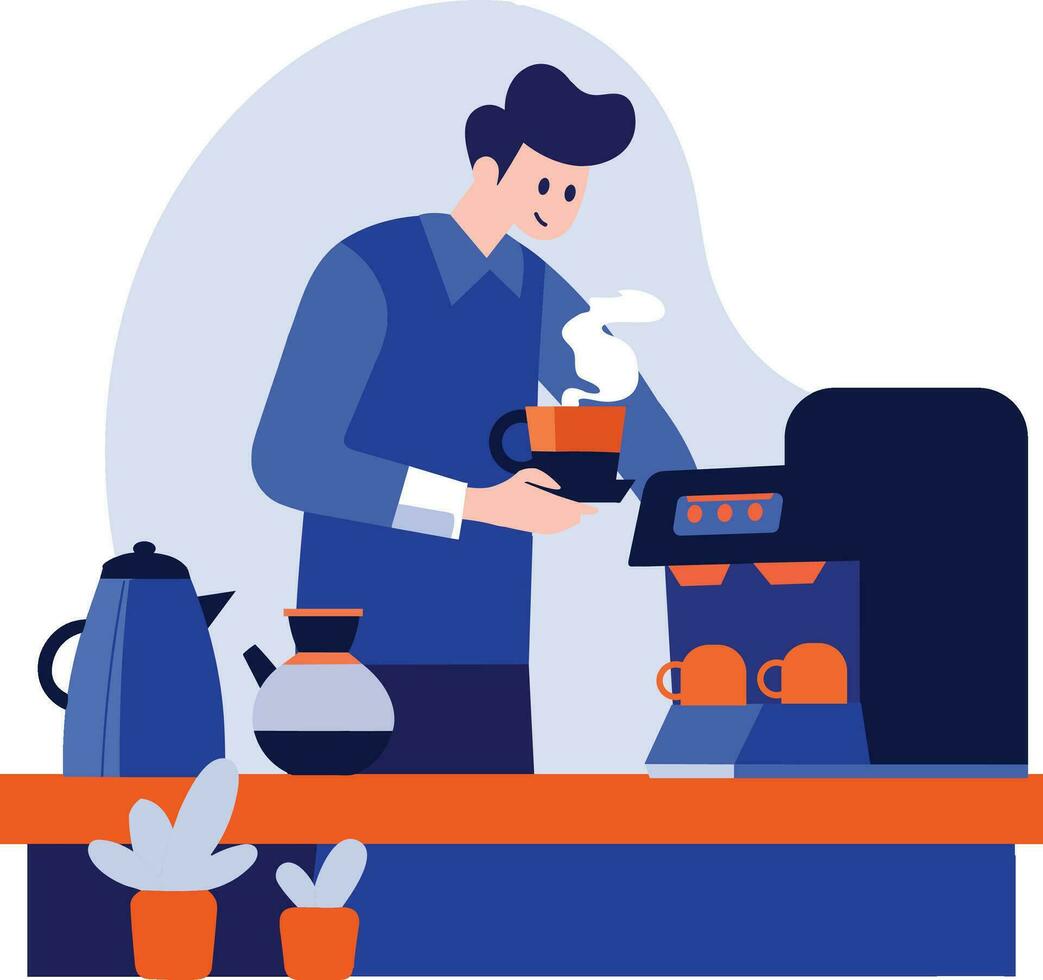 Hand Drawn Barista making coffee happily in flat style vector