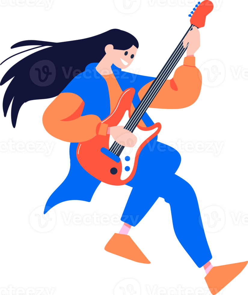 Hand Drawn musicians playing guitar and singing in flat style png