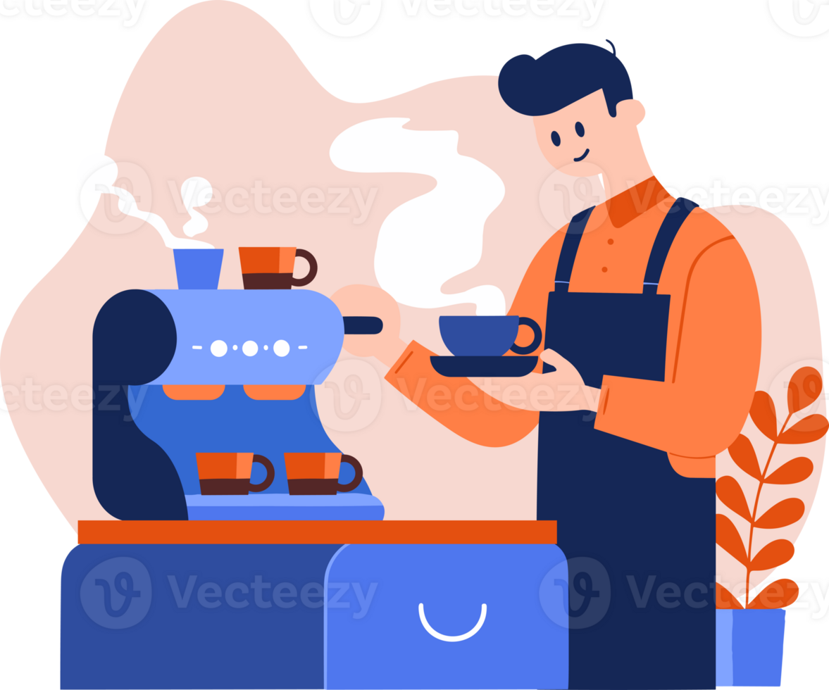 Hand Drawn Barista making coffee happily in flat style png