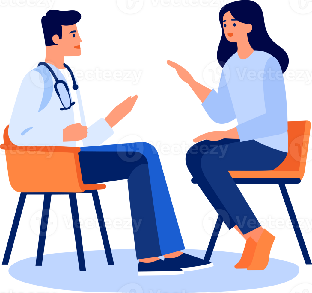 Hand Drawn Doctor talking to patient at hospital in flat style png