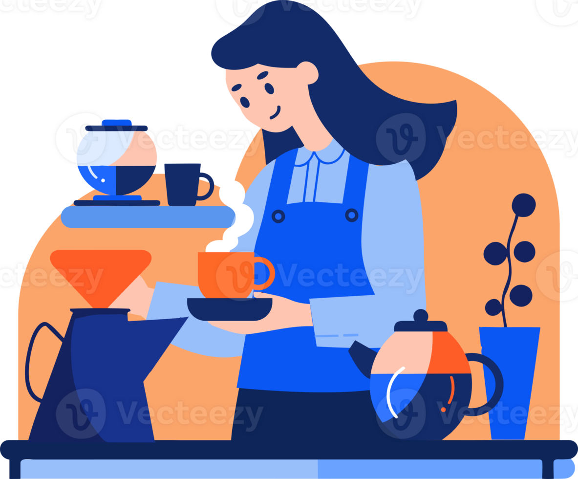 Hand Drawn Barista making coffee happily in flat style png