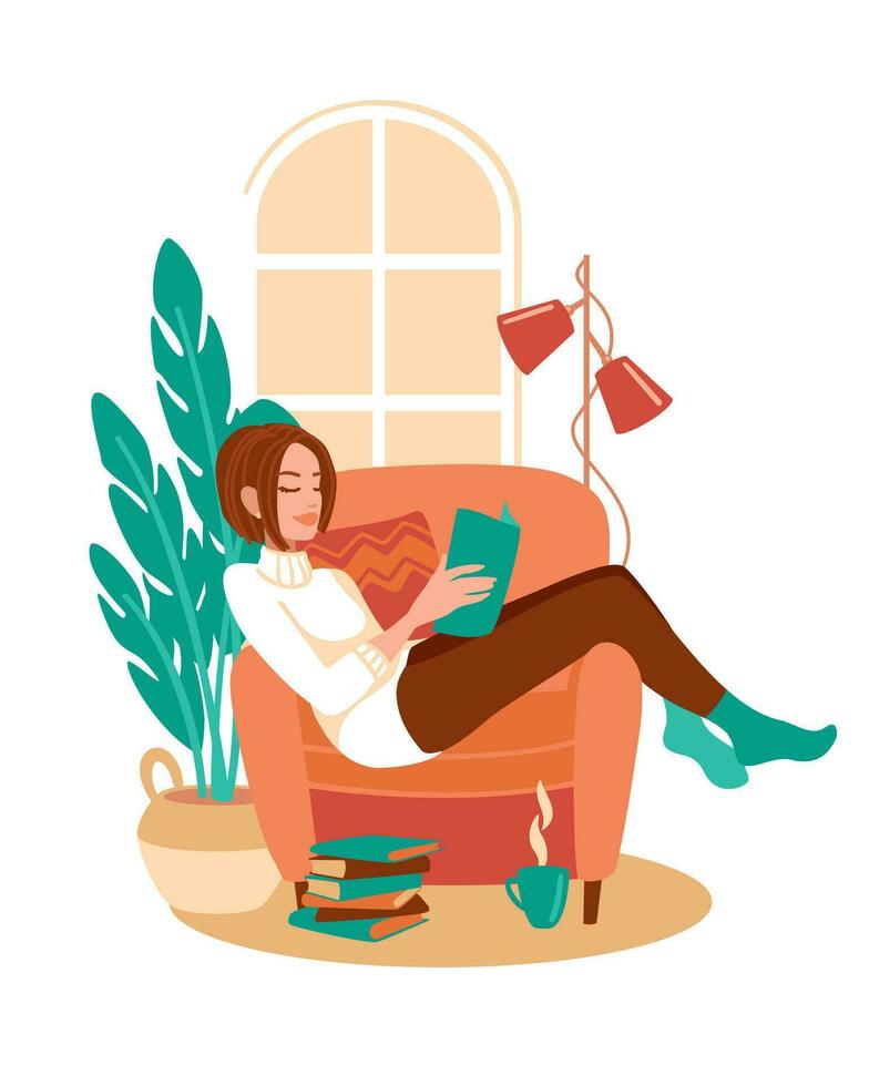 Woman sits in a chair and reads interesting books. World book day Vector illustration.