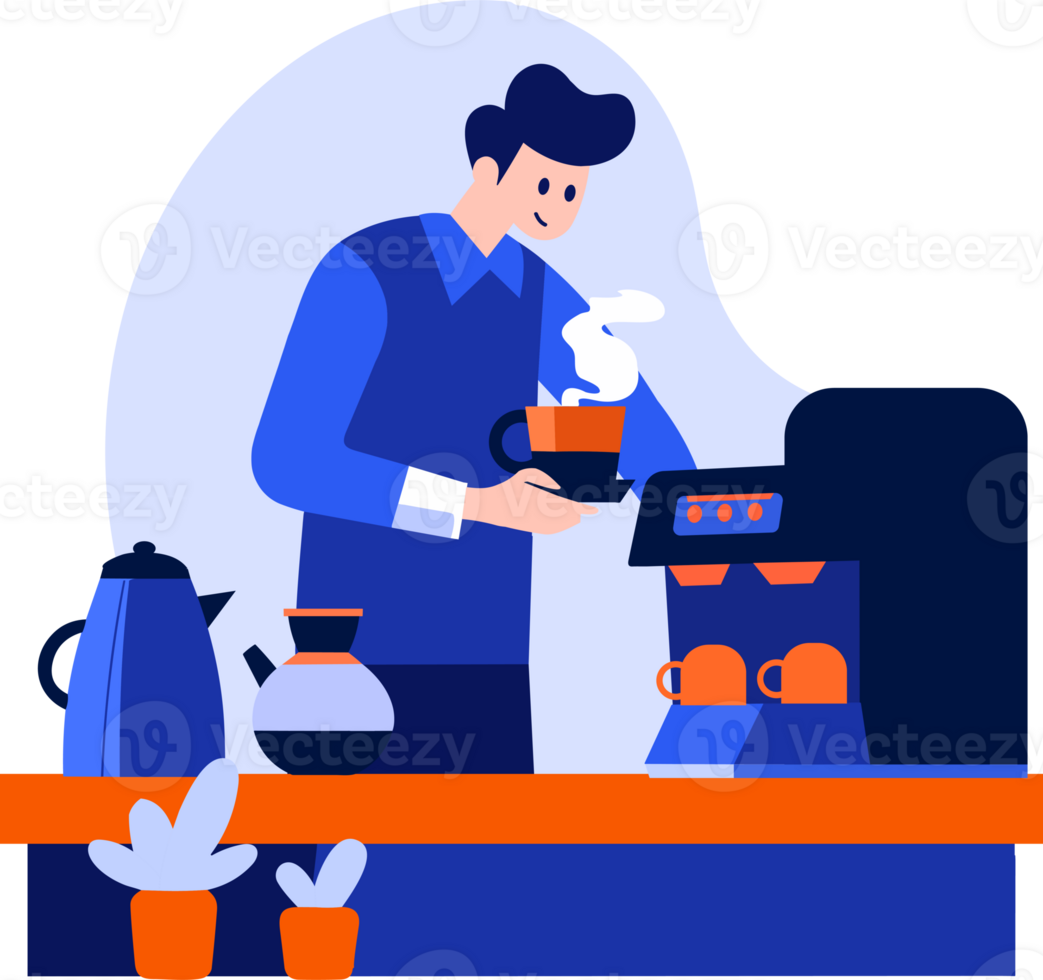 Hand Drawn Barista making coffee happily in flat style png