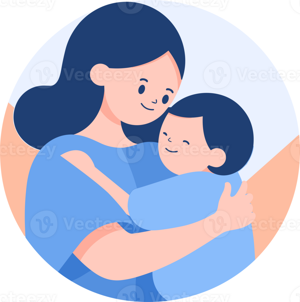 Hand Drawn Mother hugging her child happily in flat style png