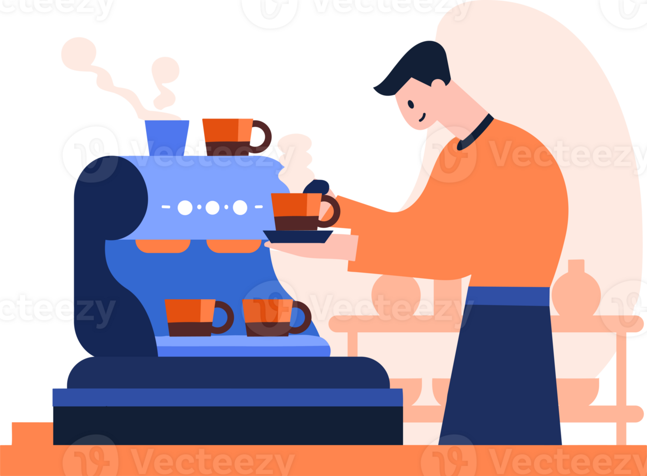 Hand Drawn Barista making coffee happily in flat style png