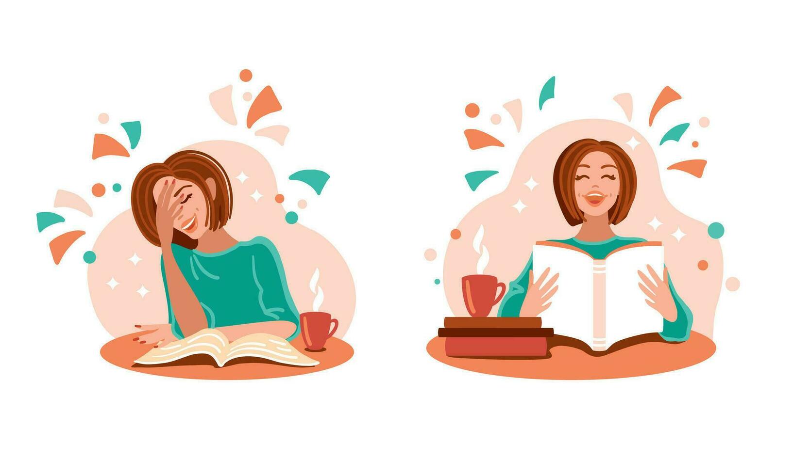 Woman reading the book and laughter. Pocitive emotions. World book day. Vector illustration.