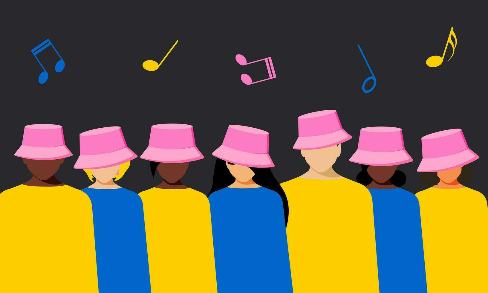 hombres y mujer en rosado Panamá juntos en un negro horizontal póster. musical notas mosca gastos generales. vector. vector