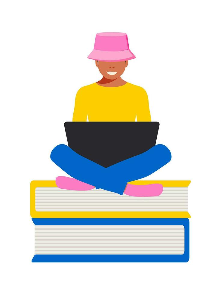 Ukrainian purposeful student sits on a stack of books with a laptop. Online education concept in blue and yellow colors. Vector. vector