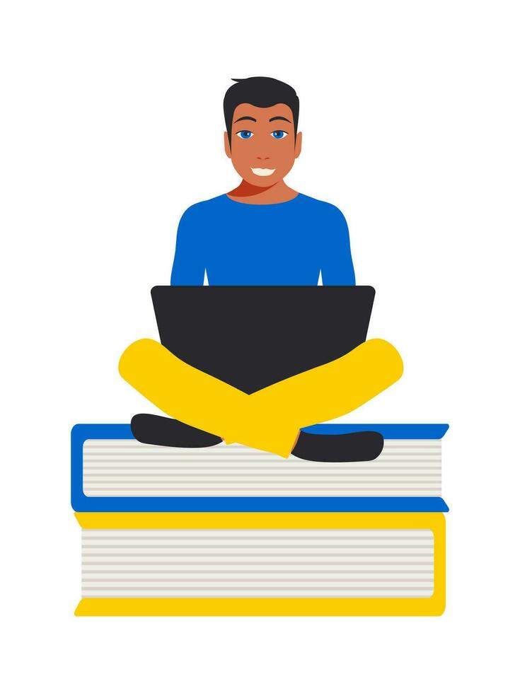 Ukrainian purposeful student sits on a stack of books with a laptop. Online education concept in blue and yellow colors. Vector. vector