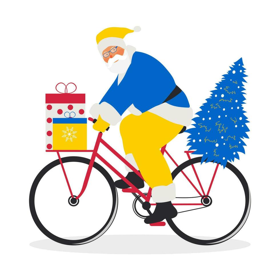 Santa Claus with a beard rides a bicycle with gifts and a Christmas tree isolated on a white background. Vector. vector