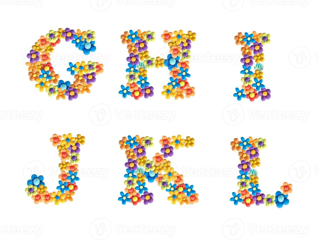 3d alphabet, handmade plasticine letters. Unique design of letters for decoration. Letters made of bright three-dimensional flowers GHIJKL photo