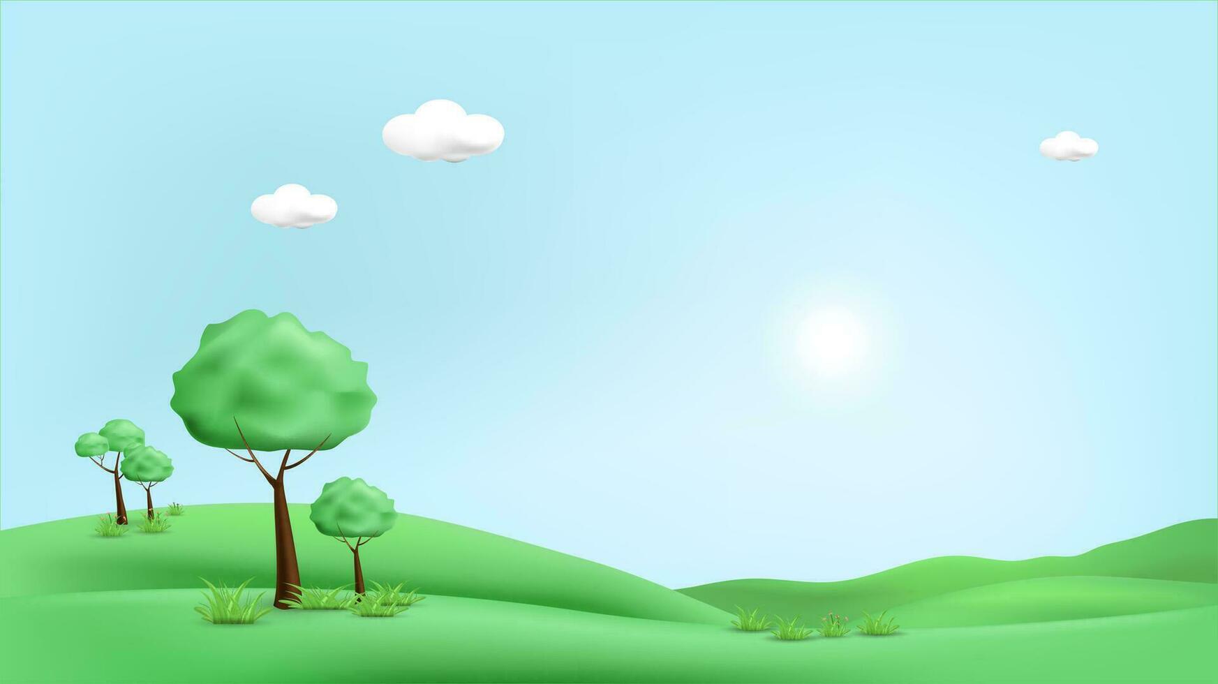 3d landscape illustration with 3d trees, cloud and sun. vector illustration.